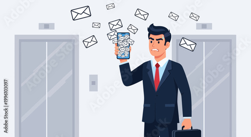 Overwhelmed businessman drowning in emails on his smartphone in front of elevators