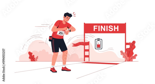 Runner checks smartwatch at finish line, low battery icon, exhaustion concept