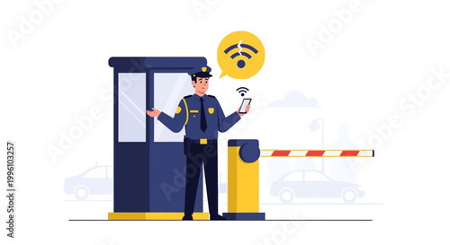 Security Guard Using Smartphone at Guard Booth with Barrier Gate and Wi-Fi Signal
