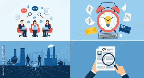 Illustration combining teamwork collaboration, time management productivity, industrial labor, and recruitment evaluation connected through innovation, organization, and career development
