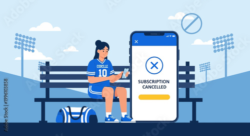 Woman cancels sports subscription on phone while sitting on bench at stadium