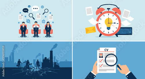 Illustration combining teamwork communication, time management productivity, industrial workforce, and recruitment evaluation connected through organization, innovation, and career development