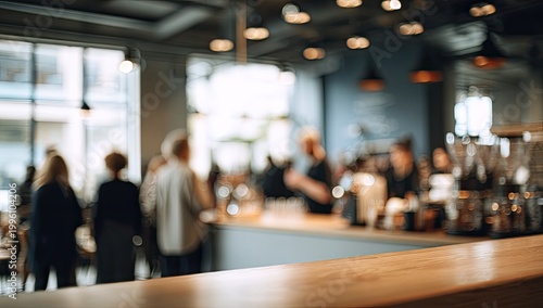 Blurred image of people in a busy cafe interior with warm lighting.