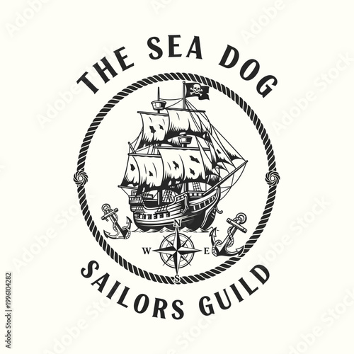 Vintage Sailing Ship Emblem for Sailors Guild.