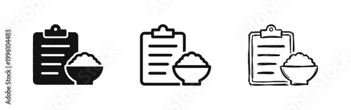 Diet Plan and Meal Planning Icon Set with Clipboard and Food Bowl