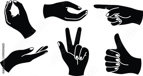 Collection of six different hand gestures on white background for various expressions and signs