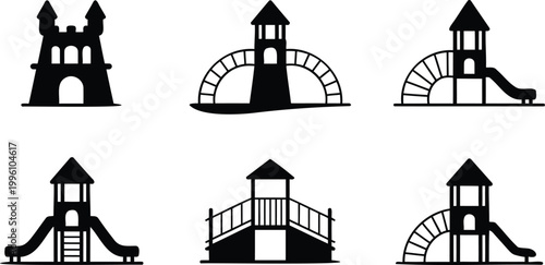 Collection of six different playground equipment silhouettes for kids to play outside in a park or backyard recreational area