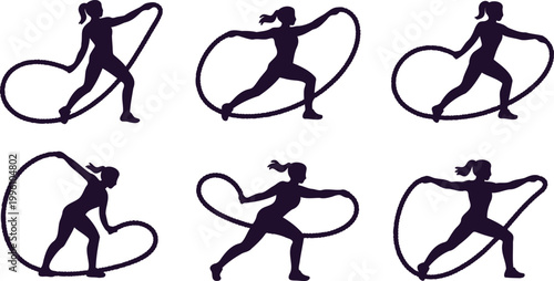 Set of gymnasts performing with ribbons in different poses and movements in a silhouette style