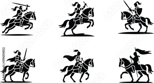 Set of medieval knights on horseback in various poses with swords and shields charging forward in armor