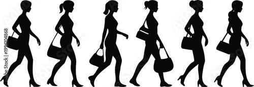 Set of silhouettes of women walking in different poses with handbags on white background for graphic design