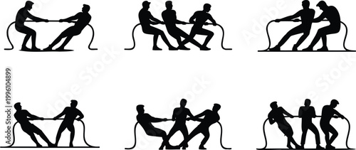 Silhouette illustrations of people playing tug of war in various team formations and poses with rope  competitive sport