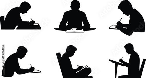 Silhouettes of people sitting and writing on paper with pencils in various positions and table settings  office work concept