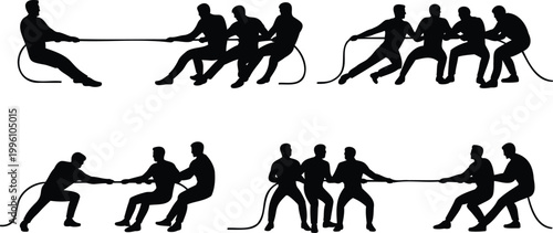 Silhouette illustrations of people playing tug of war with ropes in various team formations and stances  teamwork concept