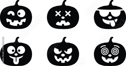 Six black pumpkin faces with different expressions on white background for Halloween decoration  various emotions