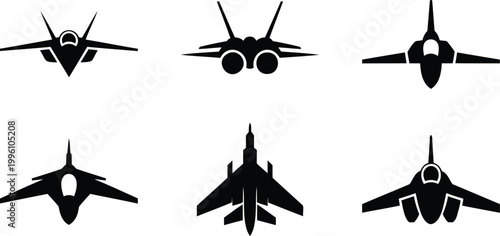 Six different black silhouettes of fighter jets in various positions and angles flying high  military aircraft icons set