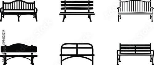 Six different types of benches in black silhouette on white background for design and decoration purposes