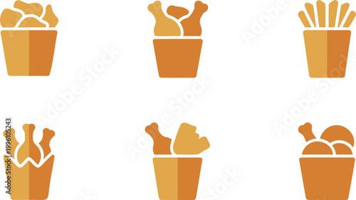 Six orange icons of fried chicken and french fries in containers on white background