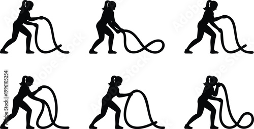 Woman exercising with battle ropes in various fitness poses and movements  dynamic workout routine