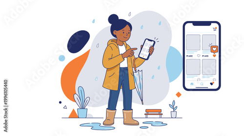 Young Woman in Yellow Raincoat Holding Smartphone Under Rainy Weather with Abstract Background