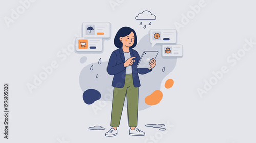 Young Woman Engaged with Smartphone Interacting in a Colorful Digital Environment