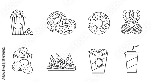 Collection of Hand Drawn Fast Food and Snacks Icons.
