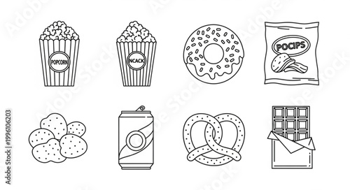 Collection of popular snack food and drink items in outline style.