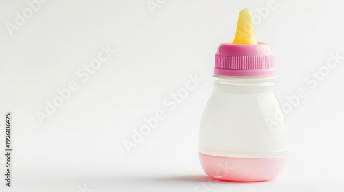 A baby bottle with a pink cap and yellow nipple on a white background