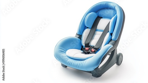 A baby car seat with a blue and white design on a plain background