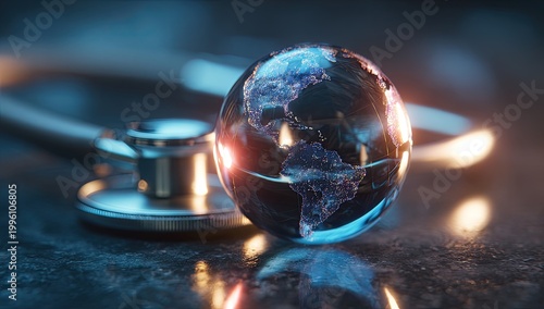 Global Health Care Concept - Stethoscope and Earth Globe Illuminated.