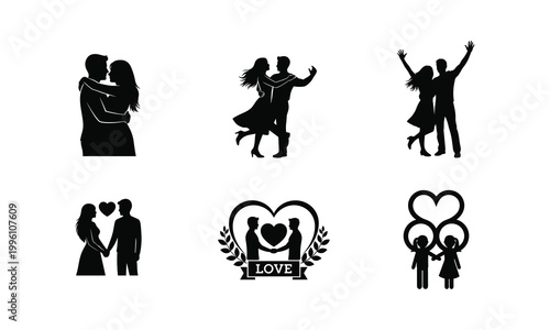Couple love romance silhouette vector illustration icons.
