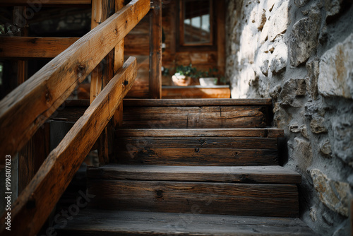 Wooden stairs with thick timber railing at entrance of rustic home in daylight showing interior architectural design features and materials used in construction