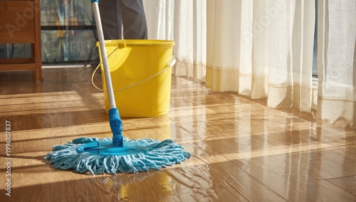 Shiny Wooden Floor Being Cleaned with Mop and Yellow Bucket.
