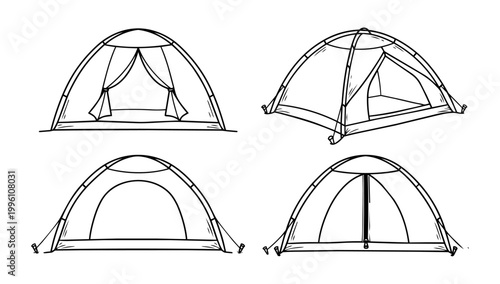 Outdoor Camping Dome Tent Equipment Collection Displaying Open Closed and Multiple Viewing Angles in Detailed Doodle Line Art