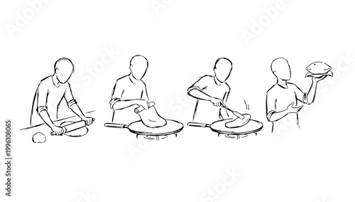 Restaurant Chef Culinary Sequence Preparing Flatbread Rolling Dough and Cooking on Hot Pan in Doodle Line Art