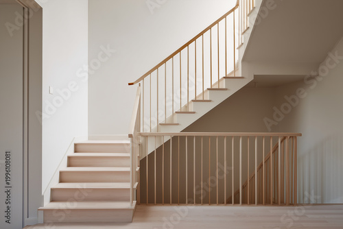 Stylish light wood staircase design with simple railing in modern indoor space featuring natural light