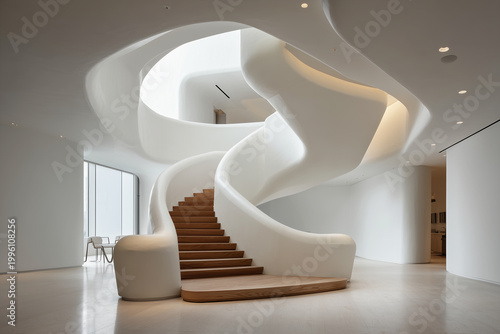 Staircase design features flowing organic shape with wooden steps and smooth railing in modern building interior on bright day