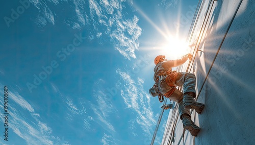 Skilled worker rappels down skyscraper facade under bright sun.
