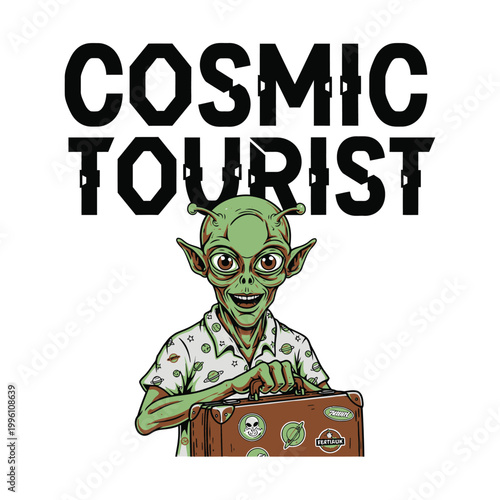 Cosmic tourist travels through galaxy with suitcase design