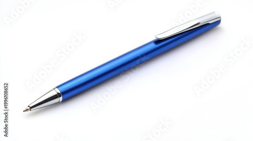 A blue pen with a silver tip lies on a white surface