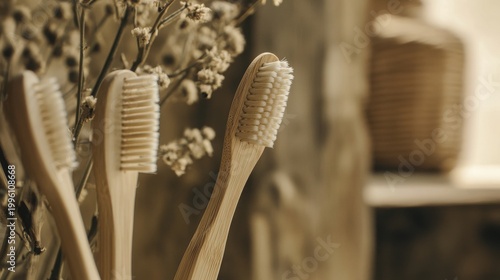 A close-up view of several bamboo toothbrushes standing upright in a vase with dried flowers in a cozy bathroom setting.