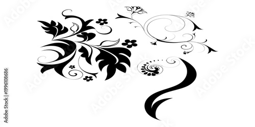 Koleksi elemen grafik siluet botani hitam abstrak yang menampilkan berbagai bentuk tanaman dan bunga dekoratif modern