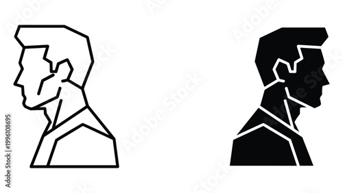 A stylized illustration of two contrasting silhouettes of a man's head and shoulders in black and white.