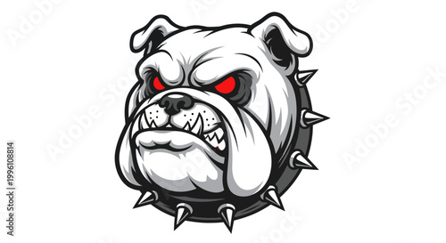 Angry Bulldog Head with Spiked Collar, Red Eyes, Fierce Expression, Vector Art