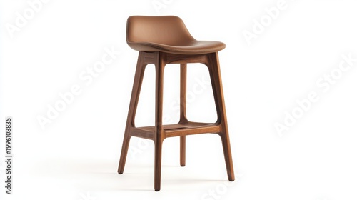 A stylish wooden bar stool with a brown leather seat against a white background