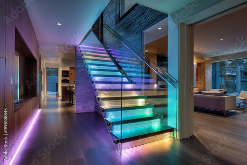 Modern staircase design with LED strip lighting under each step showcases a creative interior in a contemporary home setting