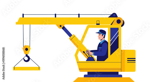 Construction worker operating a yellow crane, lifting heavy load, industrial engineering concept