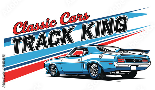 Classic car racing with a blue vintage automobile on a track design