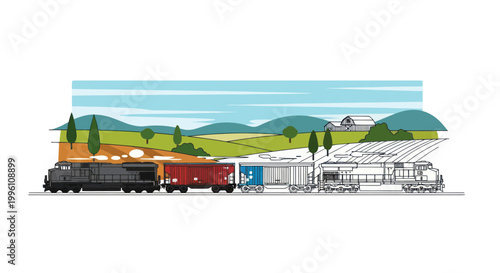 Freight Train and Locomotive Illustration with Rural Landscape Background