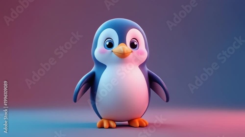 Cartoon penguin character, playful 3D design with soft gradient background and cheerful atmosphere