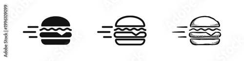 Fast Food Burger Icon Set with Motion Lines Representing Delivery in Three Styles